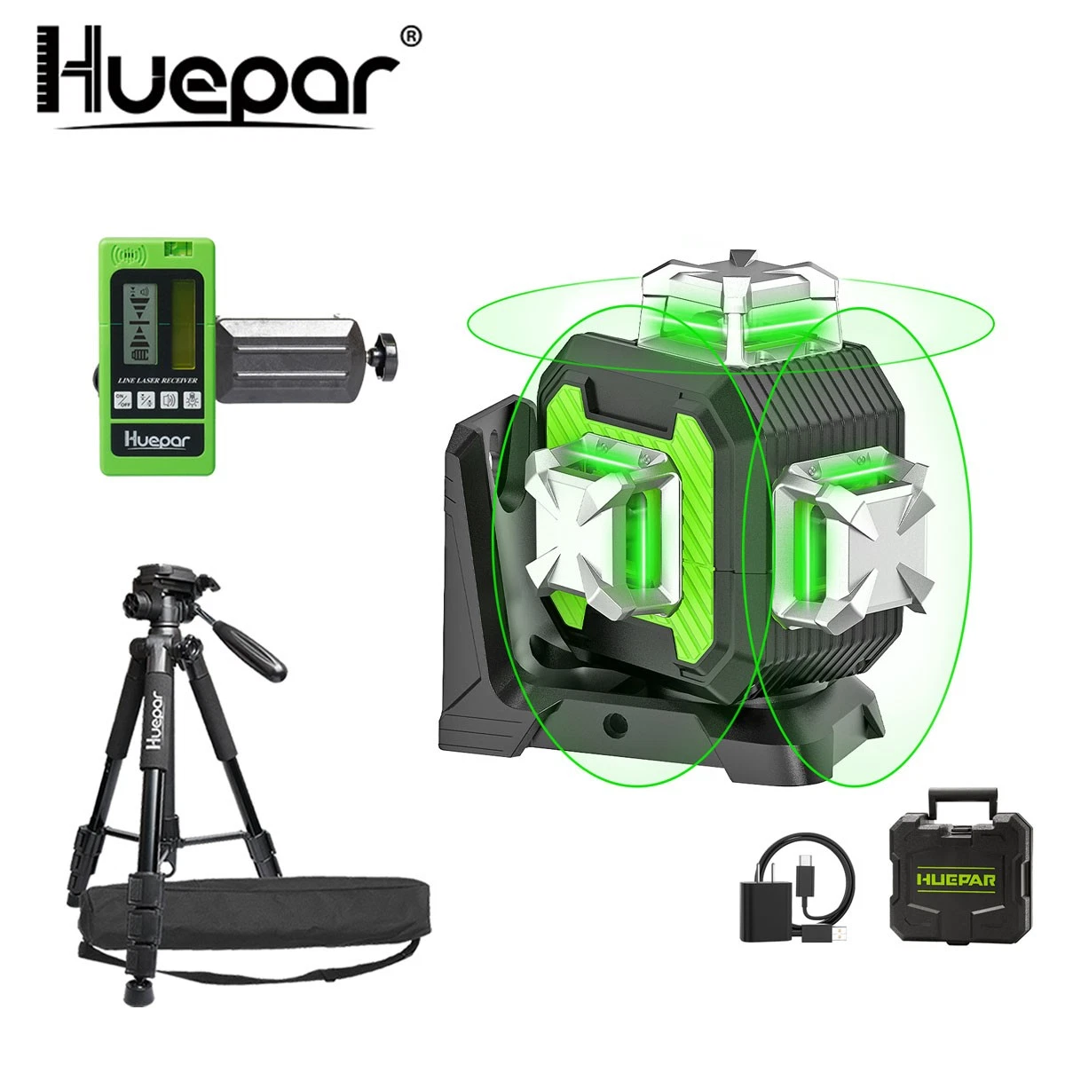 Huepar Se13cg Kreuzlinienlaser Grün 3x360° 12 Linien, Set Mit Lr5rg Laserempfänger Und Tpd14 Stativ 143 Cm, Selbstnivellierend, Pulsmodus, 4400 Mah Akku