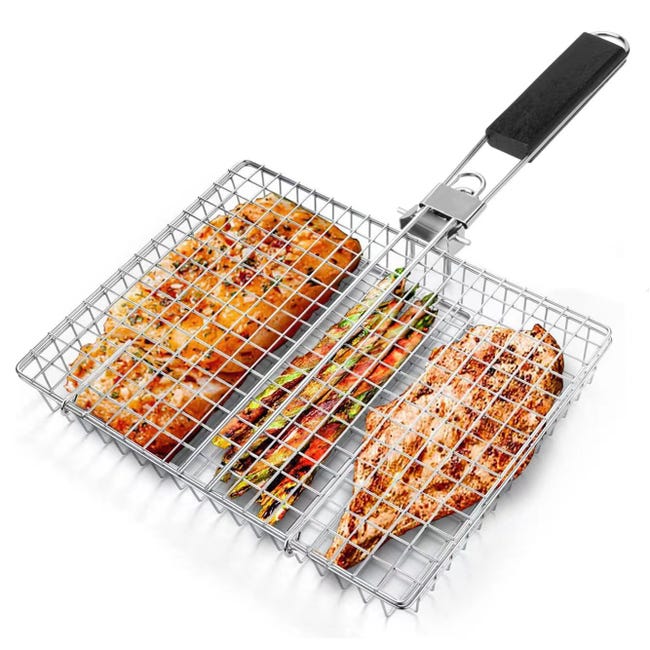 Multifunktionale Grillzange Mit Klappbarem Griff Und Grillkorb, Ideal Für Grillabende Im Freien.