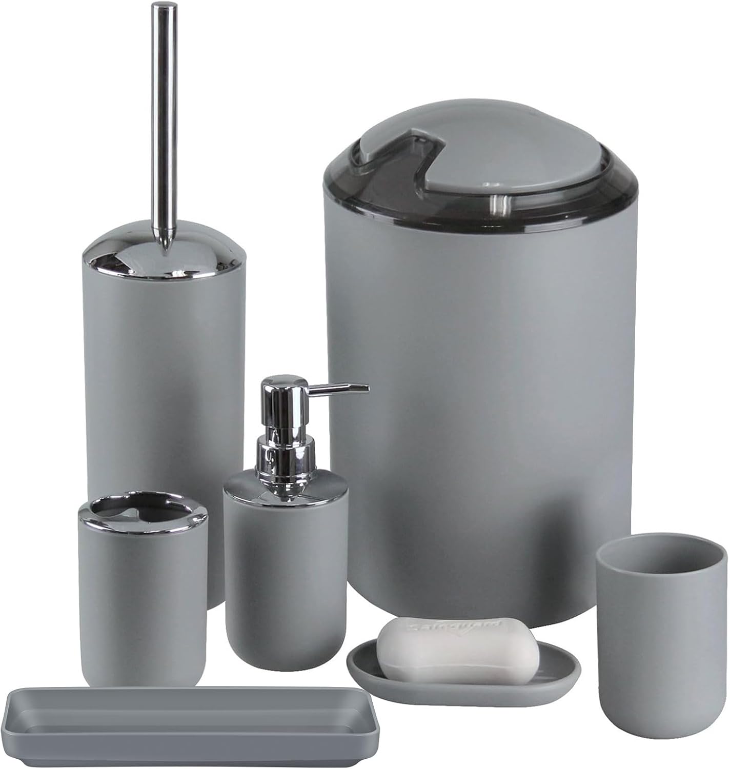 6-teiliges Badezimmer-accessoire-set Mit Abfalleimer, Seifenspender Und Seifenschale, Grau