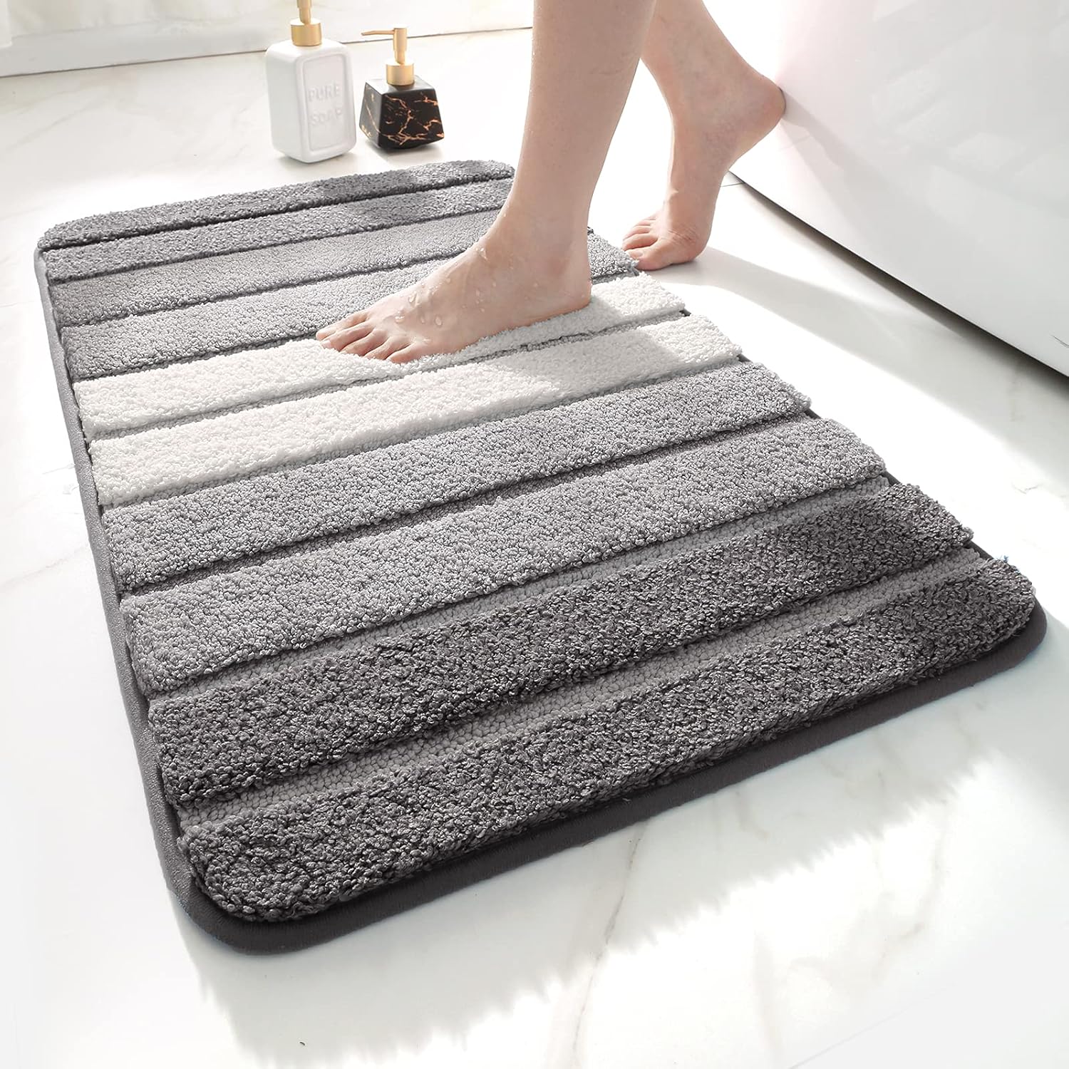 Rutschfeste Badematte 50 X 80 Cm, Gestreifte, Saugfähige Fußmatte, Extra Weich, Maschinenwaschbar, Saugfähig, Grau
