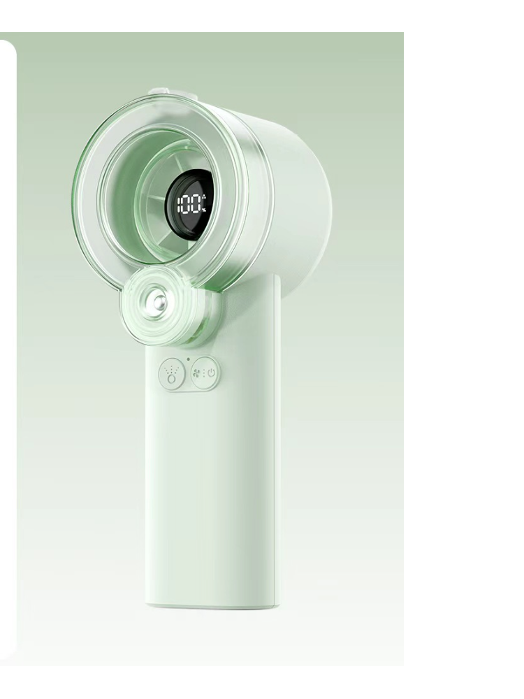 Tragbarer Handventilator Mit Sprühfunktion, Ausgestattet Mit Einem 13.000 U/min Starken Turbinenmotor Und Einem Magnetisch Abnehmbaren Wassertank, Grün.