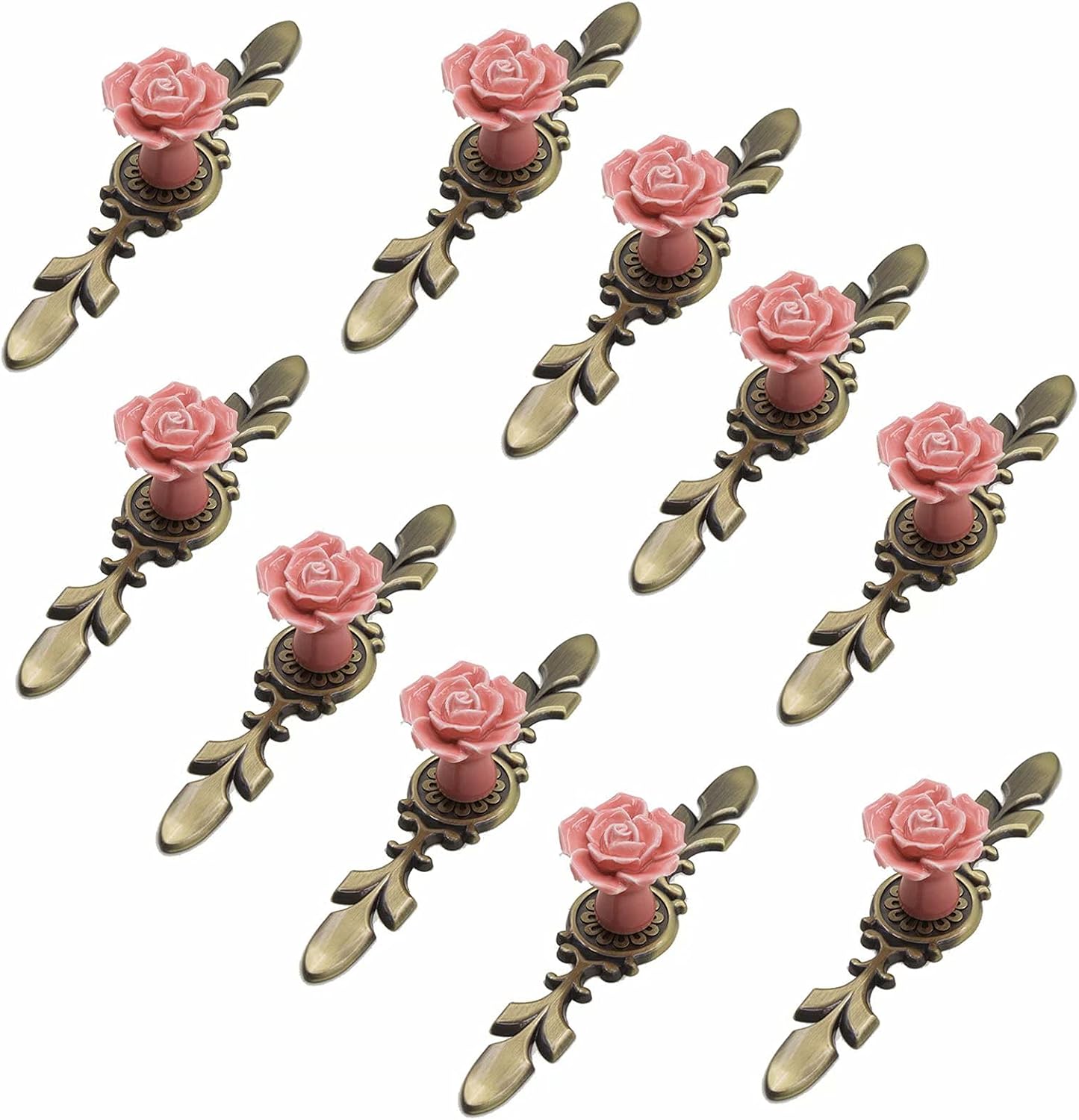 Set Aus 10 Keramik-möbelknöpfen, 41 Mm Durchmesser, Rosenmuster, Mit Bronzeplatte, Rosette, 170 Mm Länge