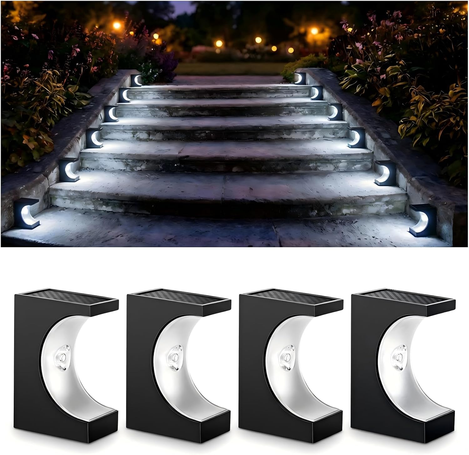 Set Mit 4 Solar-treppenleuchten, Wasserdichte Led-außentreppenleuchten, Weißes Licht.