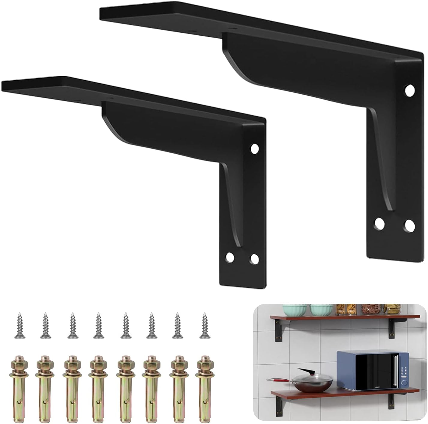Set Aus 2 Robusten, L-förmigen Metallregalträgern, Dreieckiger Wandhalterung, Schwarz, 45 Cm