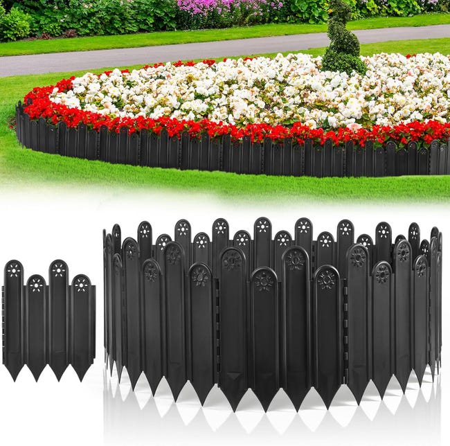 Set Mit 10 Schwarzen Gartenrandleisten, 20 Cm Hoch, 2 M Gesamthöhe. Ineinandergreifende, Dekorative Kunststoff-gartenrandleiste.