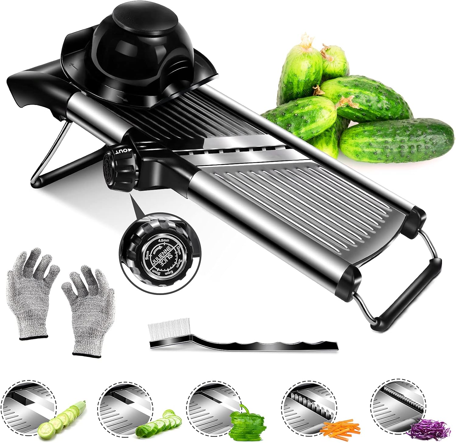 Verstellbare Edelstahl-mandoline Mit Schutzhandschuhen Und Reinigungsbürste, Vielseitiger Gemüseschneider Aus Edelstahl