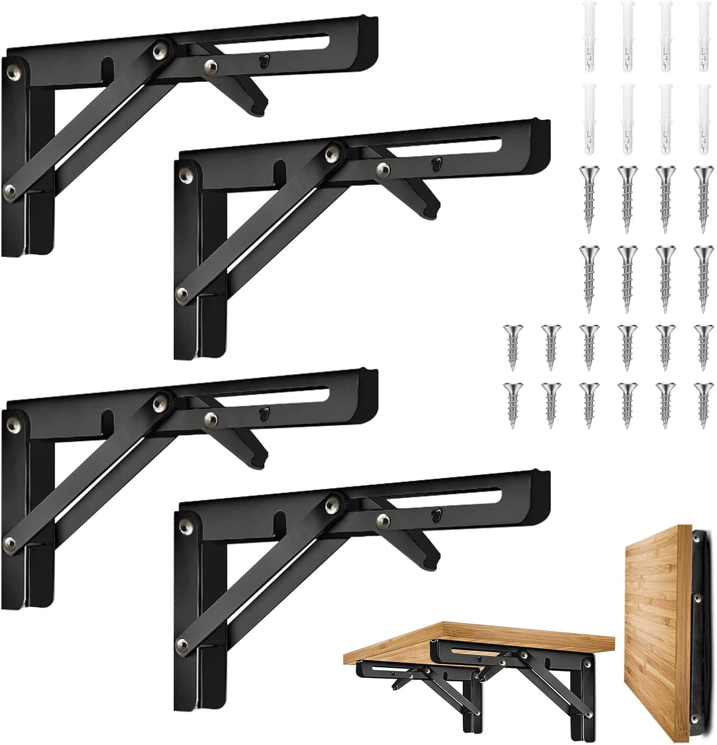Set Mit 4 Klappbaren 25-cm-wandhalterungen Aus Edelstahl, Teleskopierbar, Für Garagen- Und Küchenregale – Schwarz