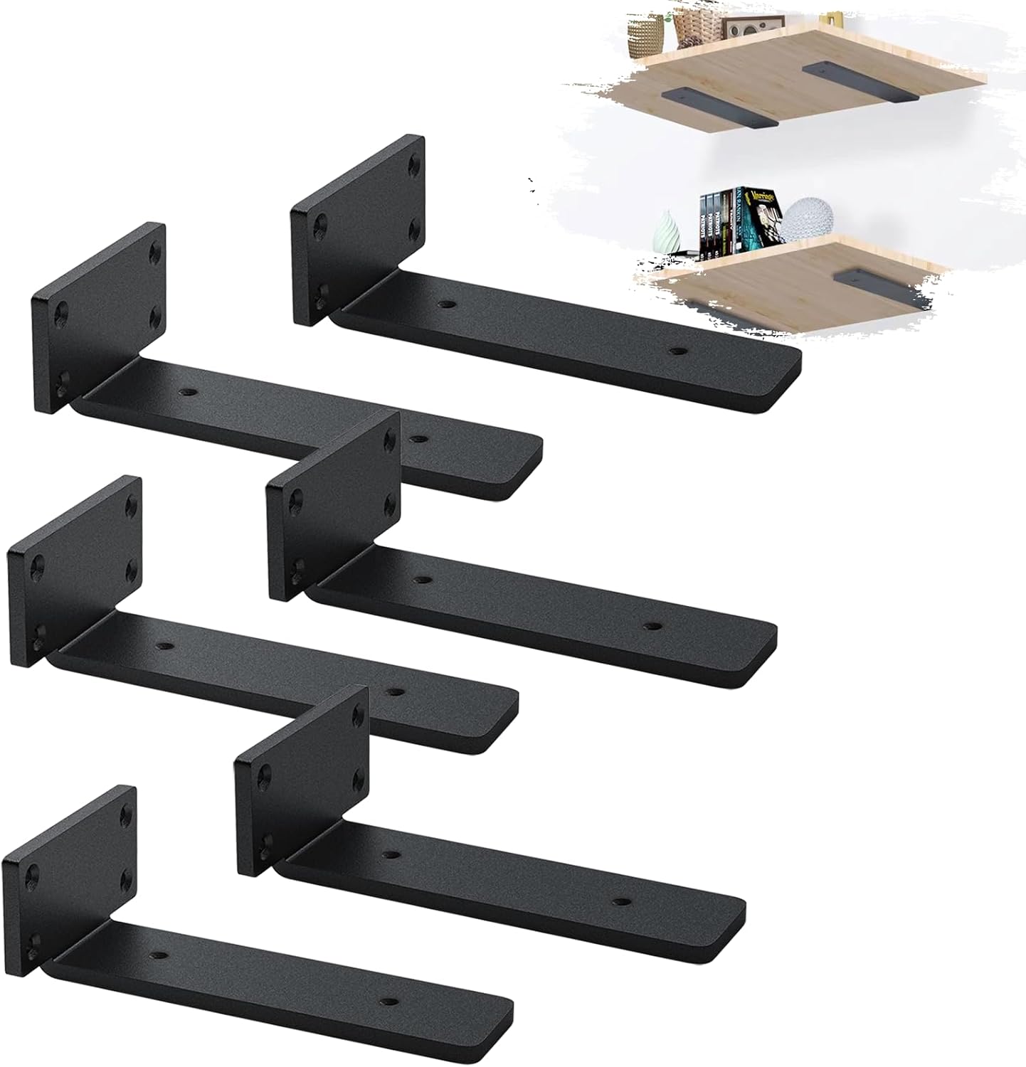 Set Mit 6 Wandregalhalterungen, Industriestil, Robuste Halterungen, Wandregalstütze, Schwarz (15 Cm)