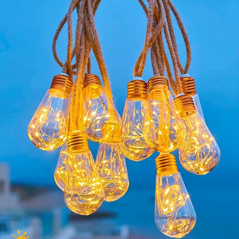 Solarbetriebene Lichterkette Für Den Außenbereich, 16 Glühbirnen, 8 Meter Hanfseil, Usb- Und Solarbetrieben.