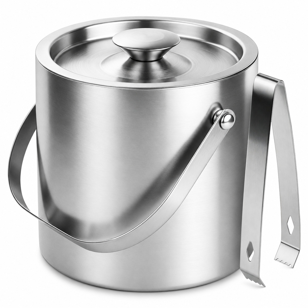 Runder Eisbehälter Mit Eiszange, Aus Silberfarbenem Edelstahl, 1,6 Liter, Silber.