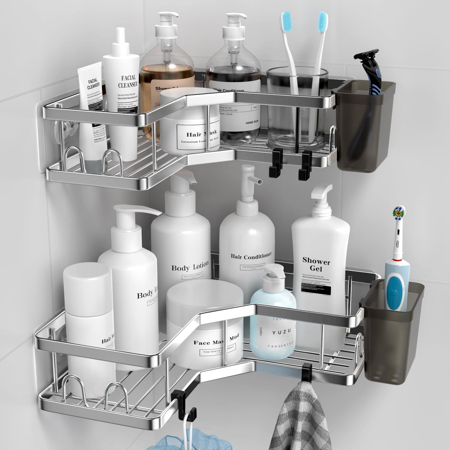 Set Mit 2 Selbstklebenden Eckwinkeln – Edelstahl – Mit 4 Haken Und 2 Zahnpastahaltern – Silber
