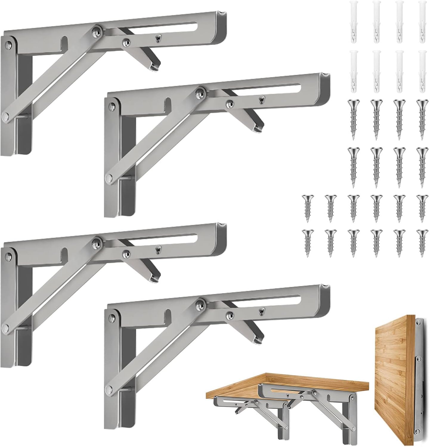 Set Mit 4 Klappbaren 25-cm-halterungen, Teleskopische Wandregalhalterungen Aus Edelstahl Für Garage Und Küche – Silber