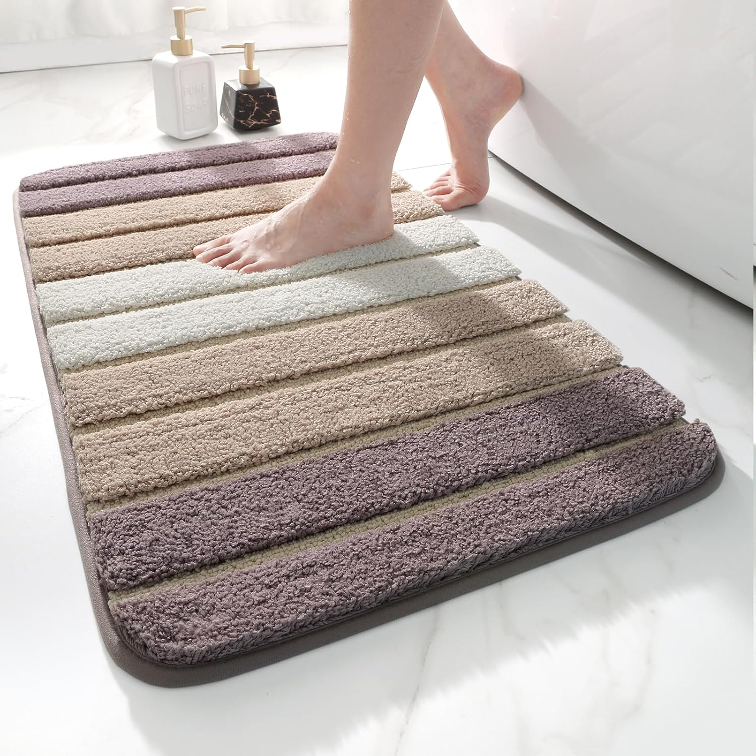 Rutschfeste Badematte 50 X 80 Cm, Gestreifte, Saugfähige Fußmatte, Extra Weich, Maschinenwaschbar, Saugfähig, Lila