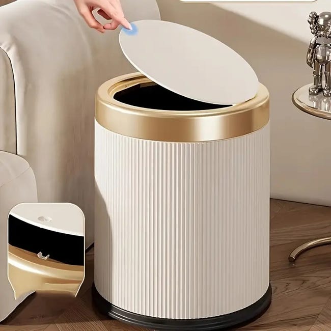 Eleganter Runder Abfalleimer Aus Abs-kunststoff Mit Deckel, Cremefarben, 12 Liter, Ideal Für Zuhause, Büro Und Schule.