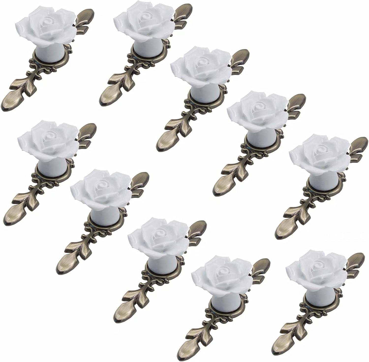 Set Mit 10 Keramik-möbelknöpfen, 41 Mm Durchmesser, Rosettenmuster Mit Bronzefarbener Platte, Weiß, 118 Mm Länge