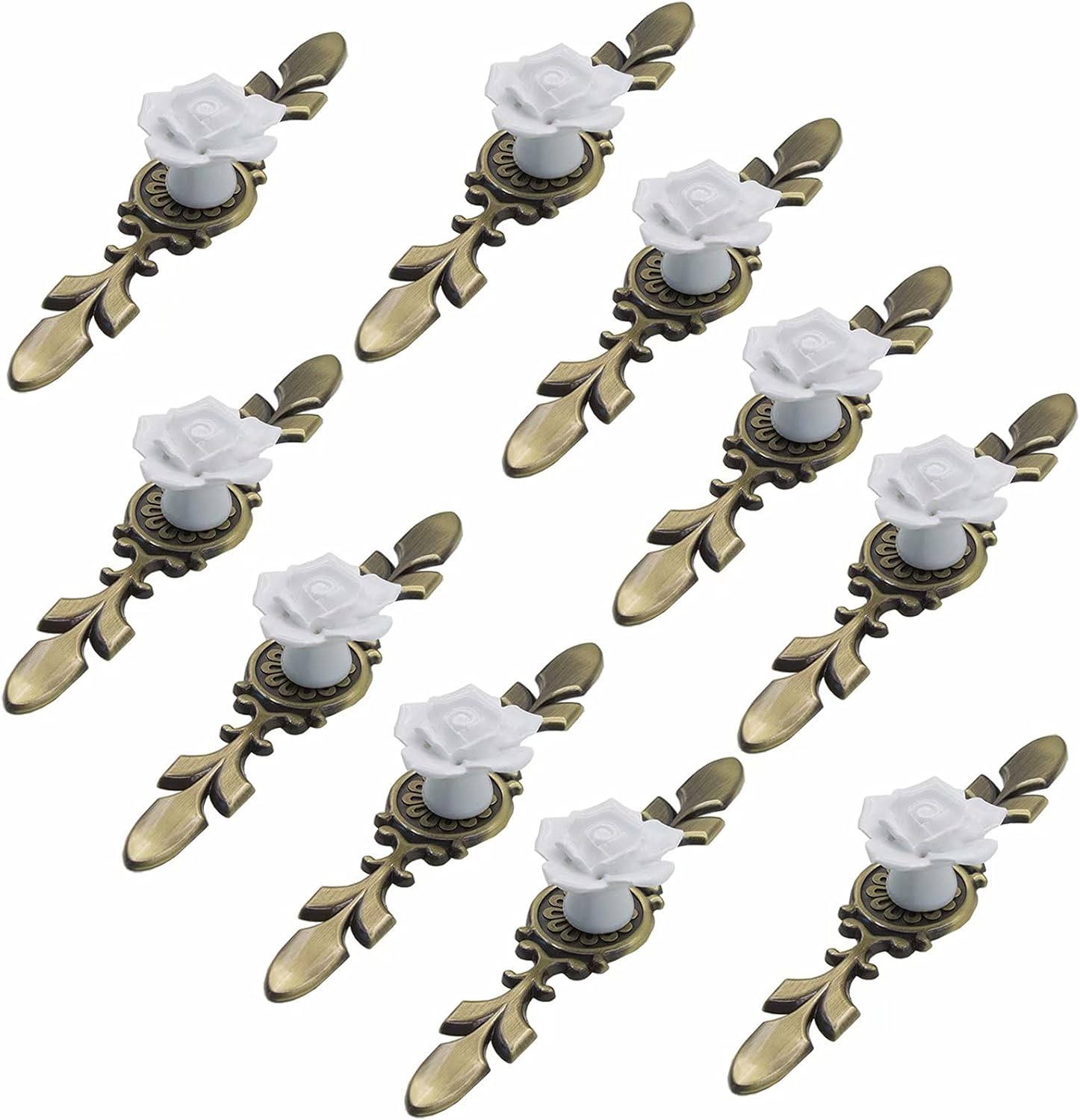 Set Mit 10 Keramik-möbelknöpfen, 41 Mm Durchmesser, Rosettenmuster Mit Bronzeplatte, Weiß, 170 Mm Länge