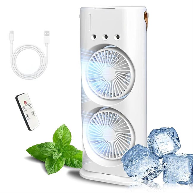 Tragbarer Doppelventilator Und Wiederaufladbarer Sprühnebelventilator, Dreistufige Tragbare Klimaanlage, Weiß
