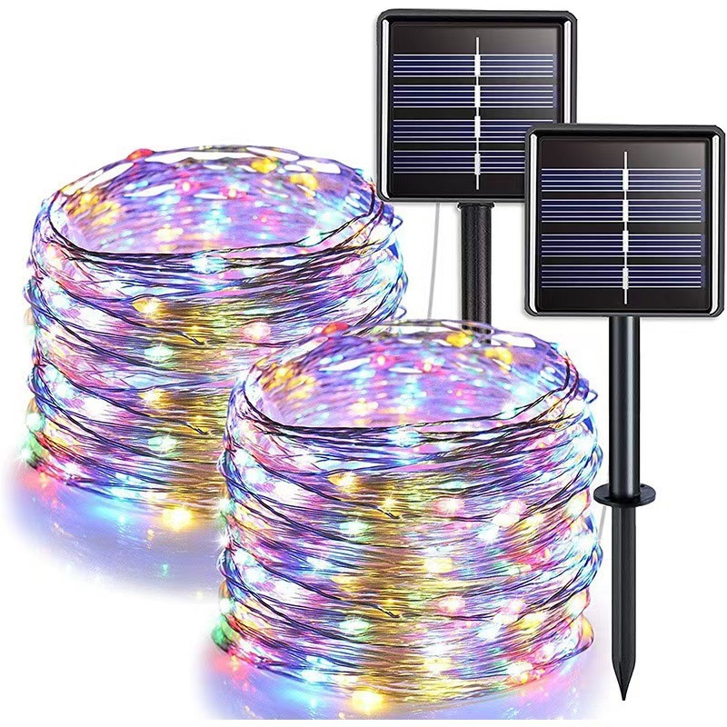 (farbige Lichter) Zwei Solar-lichterketten Für Den Außenbereich Aus Kupferdraht, 12 Meter Lang, Mit 100 Led-lichtern.