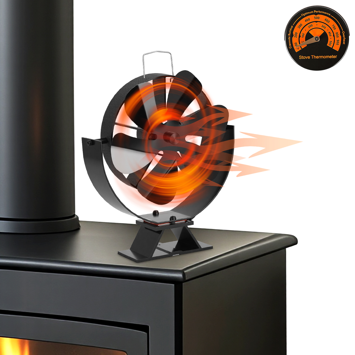 Jiubiaz Kaminofen Ventilator 6 Flügeln Winkelverstellbar Kaminventilator, Ohne Strom, Ofenventilator Inkl. Thermometer Für Kamin, Kaminöfen, Holzöfen, Leise