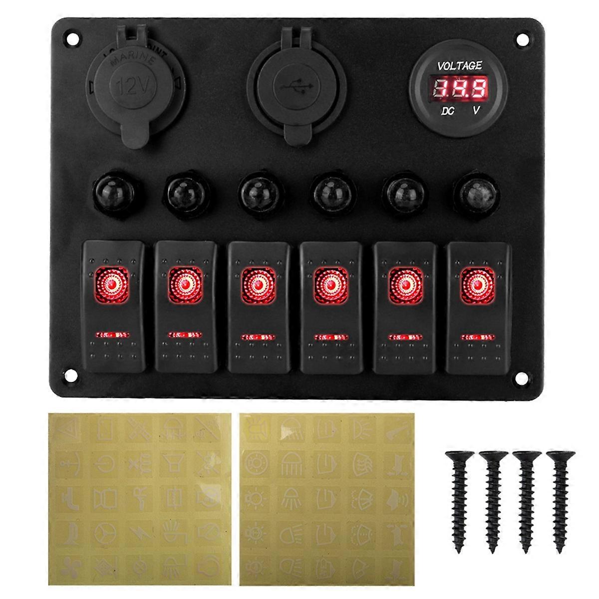 Universelles 6-schalter-bedienfeld Für Auto/wohnmobil, 12/24 V, Wippschalter, Voltmeter, Usb-ladegerät, Leitungsschutzschalter-prüfgerät, Kippschalter Mit Beleuchtung B