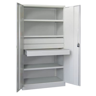 Pavoy Schwerlastschrank, 3 Fachböden a 200 kg, 3 Schubladen a 125 mm, Ral 7035