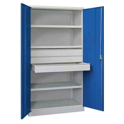 Pavoy Schwerlastschrank, 3 Fachböden a 200 kg, 3 Schubladen a 125 mm, Ral 7035/5010