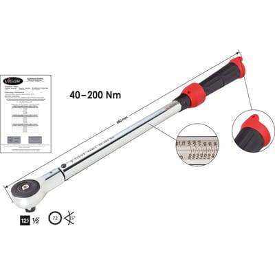 VIGOR Drehmoment-Schlüssel V3441 4% Vierkant massiv 12,5 mm (1/2 Zoll) Gesamtlänge: 540 mm Nm min-max: 40 - 200