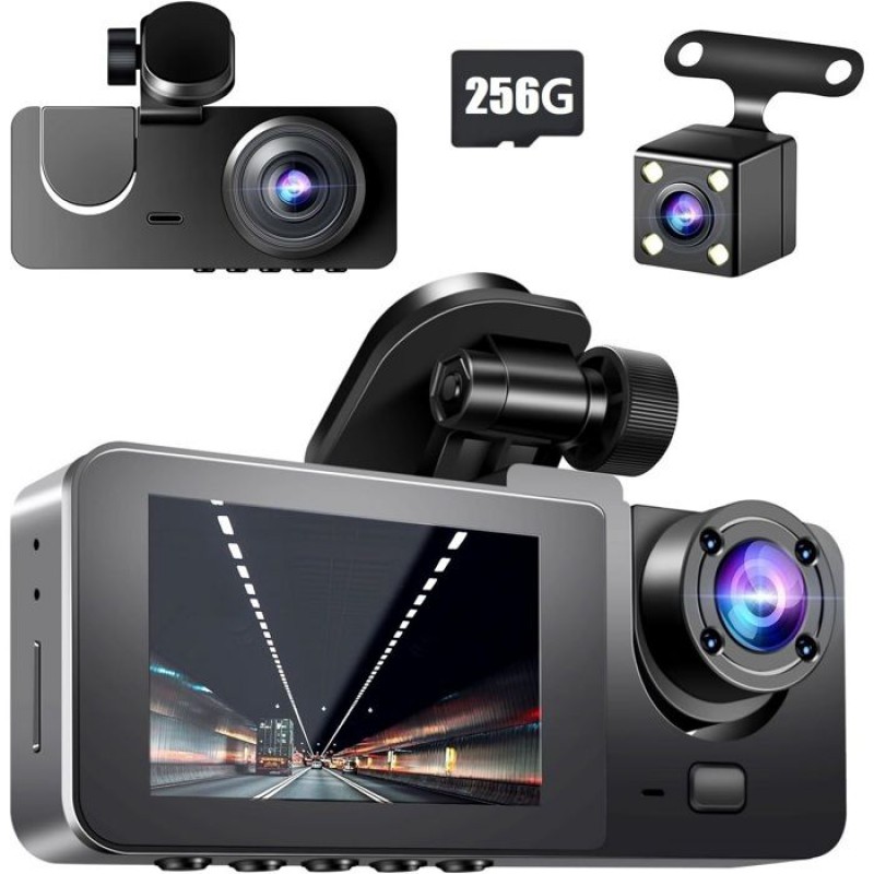 Autokamera, 1080p-dashcam Vorne Und Hinten, 170°-winkel, 3 Kanäle Mit 64-gb-sd-karte, Nachtsicht, G-sensor