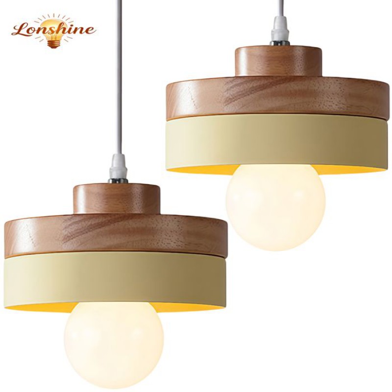 Lonshine 2er-set Moderne Runde Pendelleuchte Mit Gelbem Holz- Und Metallschirm, E27-fassung, Für Wohnzimmer Und Schlafzimmer
