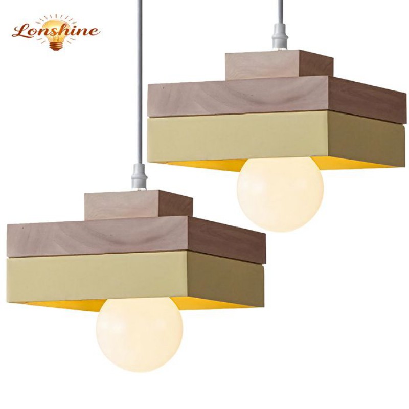 Lonshine 2er-set Moderne Quadratische Pendelleuchte Mit Gelbem Holz- Und Metallschirm, E27-glühbirne, Kronleuchter Für Schlafzimmer Oder Wohnzimmer