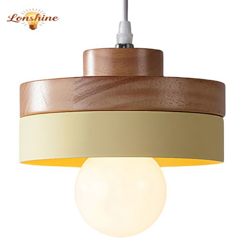 Lonshine Moderne Runde Pendelleuchte Mit Gelbem Holz- Und Metallschirm, E27 Deckenleuchte Für Esszimmer