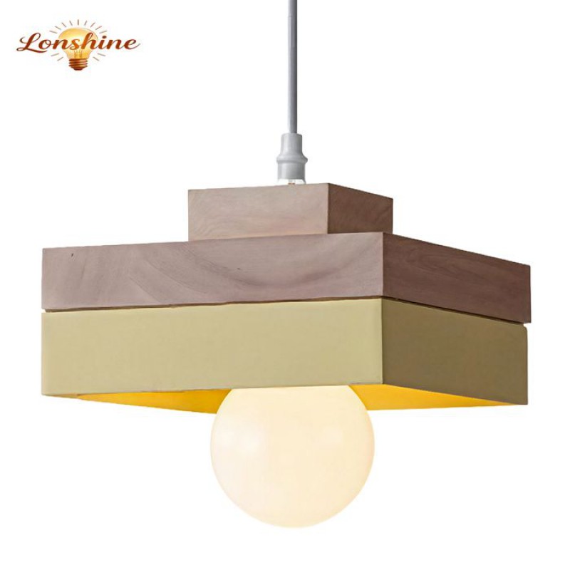 Lonshine Moderne Quadratische Pendelleuchte Mit Gelbem Holz- Und Metallschirm, E27-glühbirne, Kronleuchter Für Schlafzimmer Oder Wohnzimmer