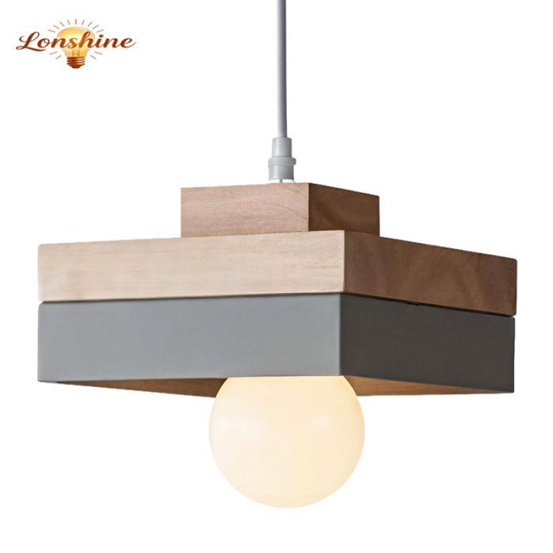 Lonshine Moderne Quadratische Pendelleuchte Mit Grauem Holz- Und Metallschirm, E27-glühbirne, Kronleuchter Für Schlafzimmer Oder Wohnzimmer