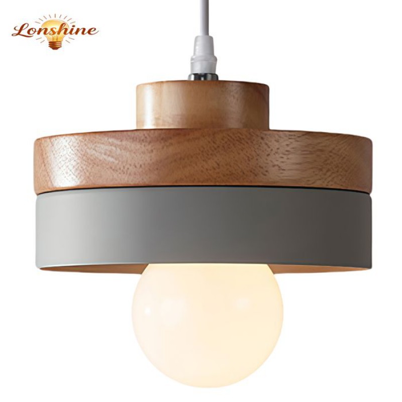Lonshine Moderne Runde Pendelleuchte Mit Grauem Holz- Und Metallschirm, E27 Deckenleuchte Für Esszimmer