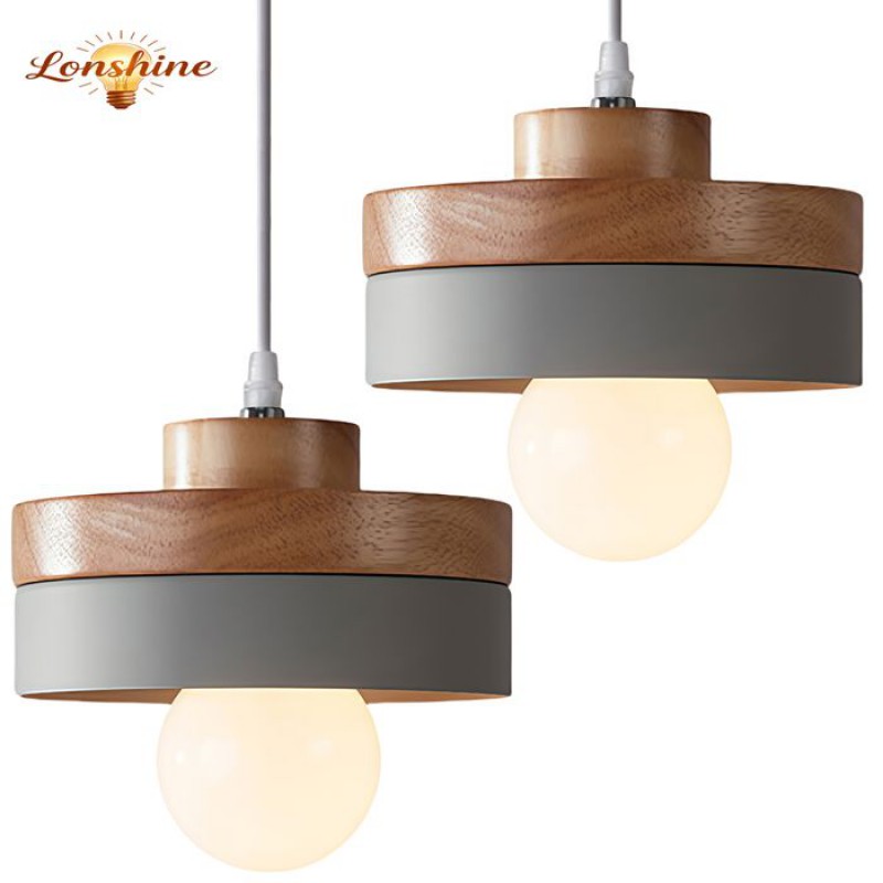 Lonshine 2er-set Moderne Runde Pendelleuchten Mit Grauen Holz- Und Metallschirmen, E27-fassung Für Wohn- Und Schlafzimmer
