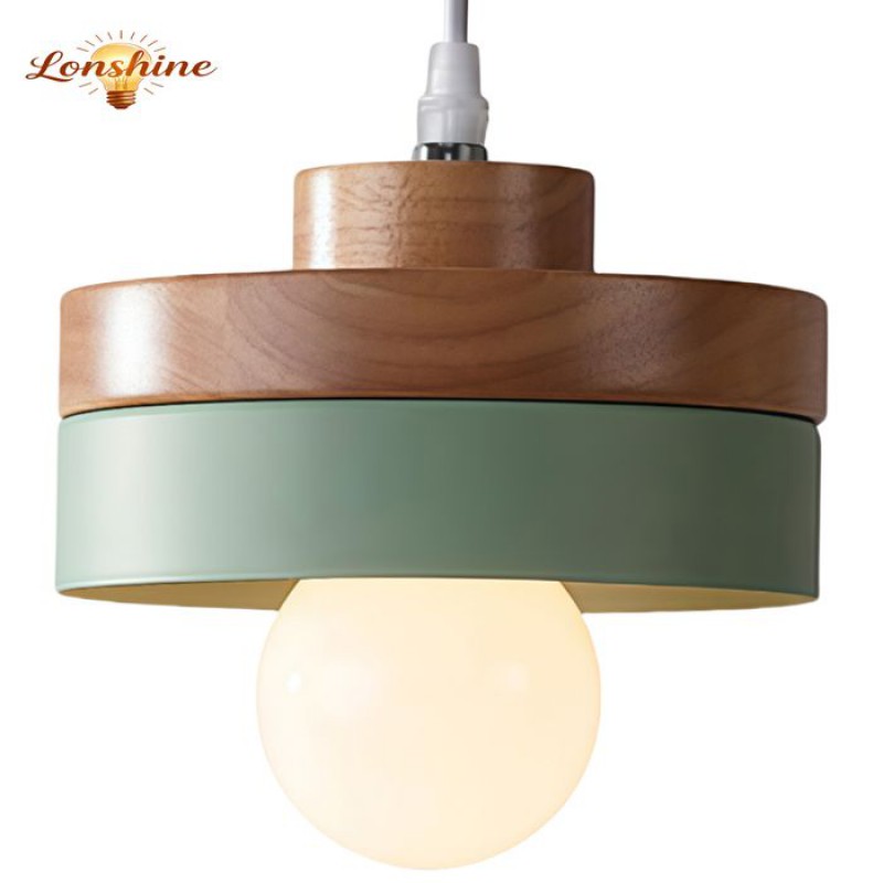 Lonshine Moderne Runde Pendelleuchte Mit Grünem Holz- Und Metallschirm, E27 Deckenleuchte Für Esszimmer
