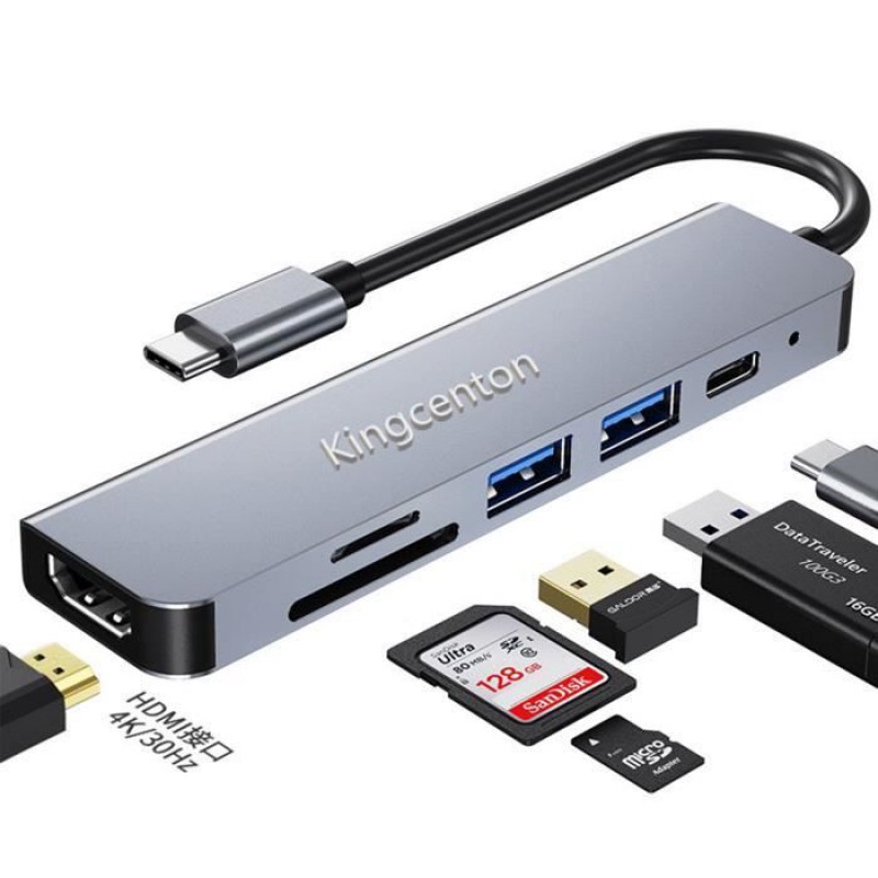 Usb-c-adapter, Kingcenton 6-in-1 Usb-c Hdmi-hub Für Macbook Air Laptop (1 X Hdmi, 1 X Pd, 1 X Sd Und Micro Sd/tf, 2 X Usb 3.0-anschlüsse) – Grau