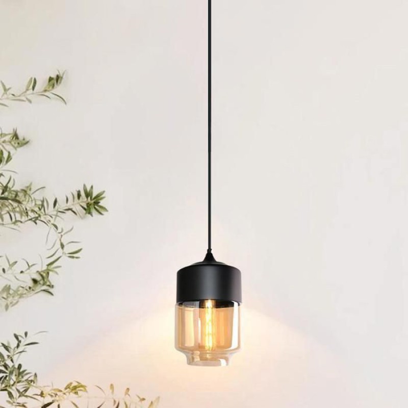 Smotop Pendelleuchte – E27 – Braunes Glas Ø19 Cm – Schwarzer Metallrahmen