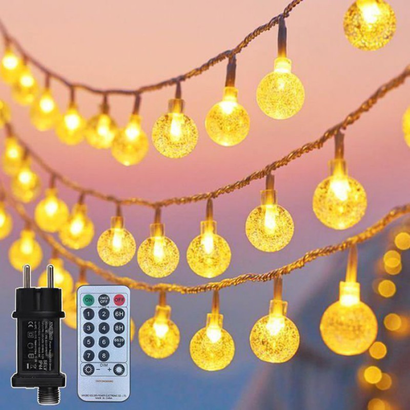 Lichterkette Für Den Außenbereich – 25 M Lang – 200 Warmweiße Leds – Weiße Oder Kristalline Kugeln