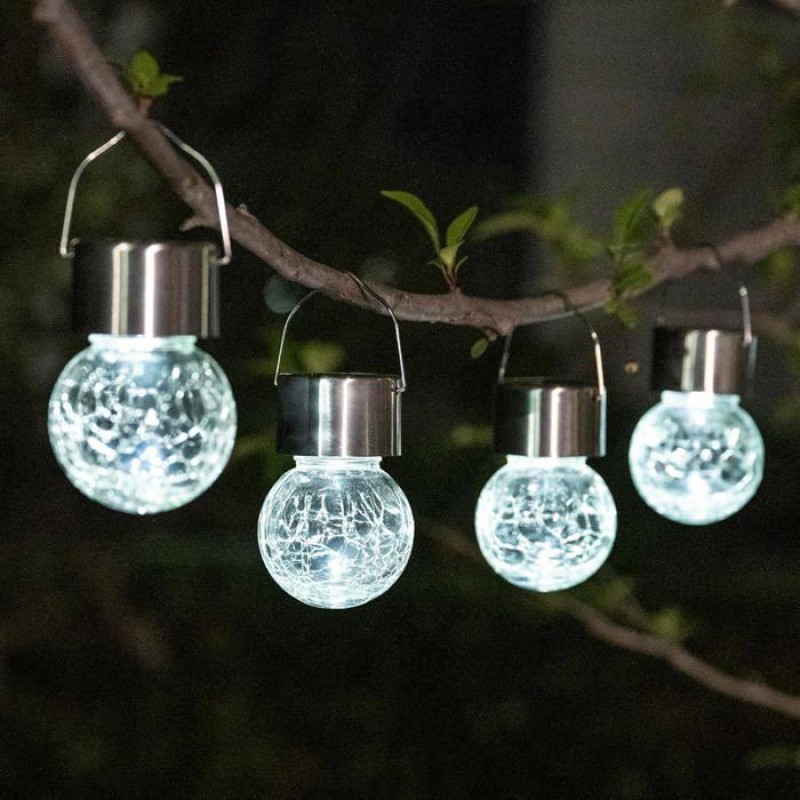Solar-hängeleuchten – 4er-set – Weiße Leds – Kugelform Mit Rissen – Solarbetrieben