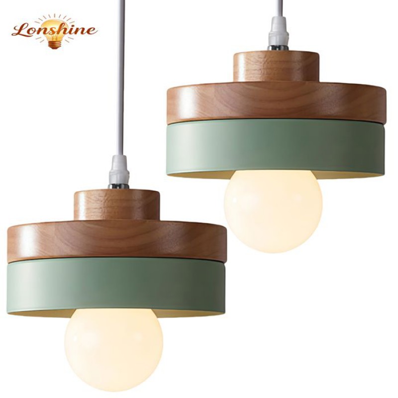 Lonshine 2er-set Moderne Runde Pendelleuchten Mit Holz- Und Metallschirm, Grüne E27-deckenleuchte Für Wohn- Und Schlafzimmer