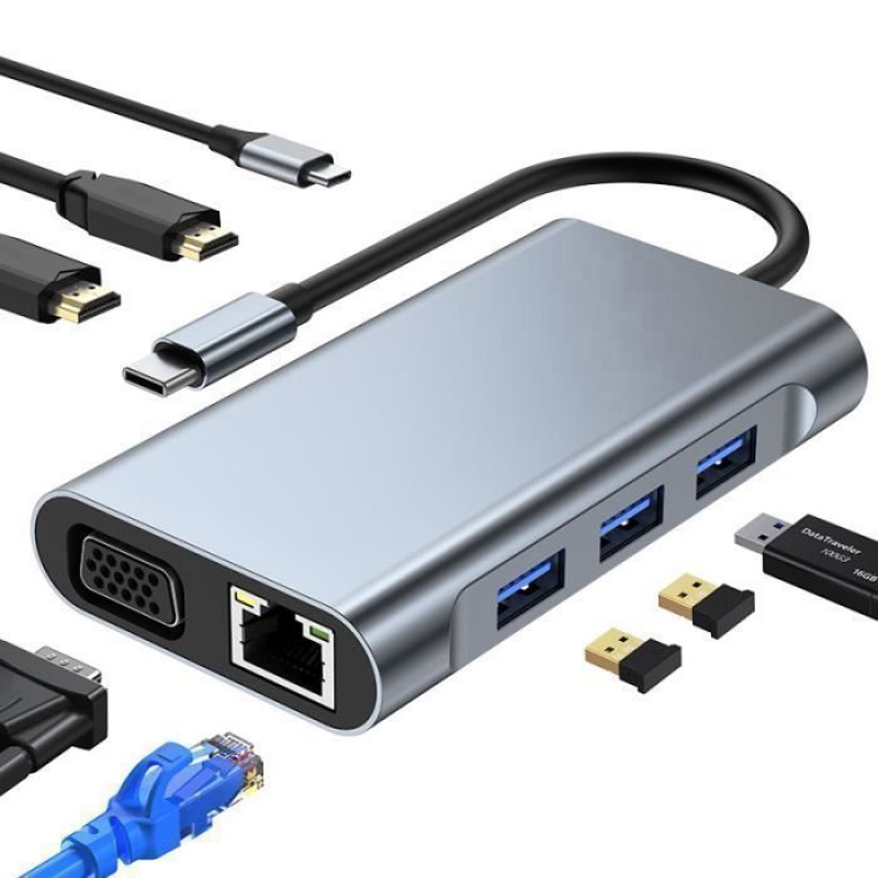 Usb-c-hub, 8-in-1-usb-c-adapter Mit 2x Hdmi, Vga, 1x Usb 3.0, 2x Usb 2.0, Pd100w, Ethernet Rj45100m, Sd/tf-kartenleser, Grau