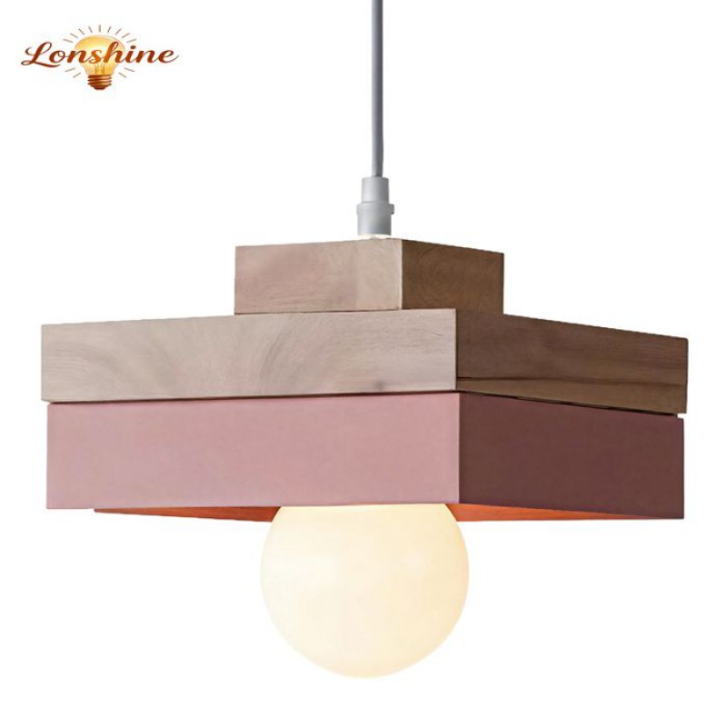 Lonshine Moderne Quadratische Pendelleuchte Mit Rosa Holz- Und Metallschirm, E27-fassung, Kronleuchter Für Schlafzimmer Oder Wohnzimmer