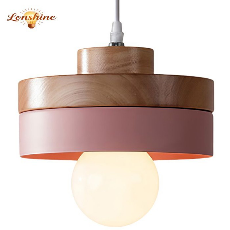 Lonshine Moderne Runde Pendelleuchte Mit Rosa Holz- Und Metallschirm, E27 Deckenleuchte Für Wohn- Und Esszimmer
