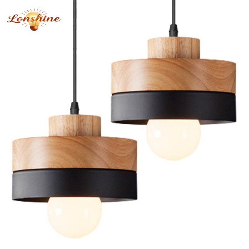 Lonshine 2er-set Moderne Runde Pendelleuchten Mit Holz- Und Schwarzem Metallschirm, E27-fassung Für Wohn- Und Schlafzimmer