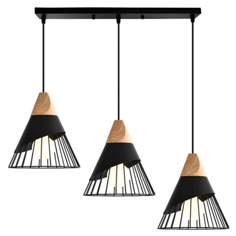 Dreiflammige Käfig-pendelleuchte, Retro-kronleuchter Aus Metall Und Holz, Deckenleuchte Für Esszimmer, Schlafzimmer, Wohnzimmer, Schwarz - Yote