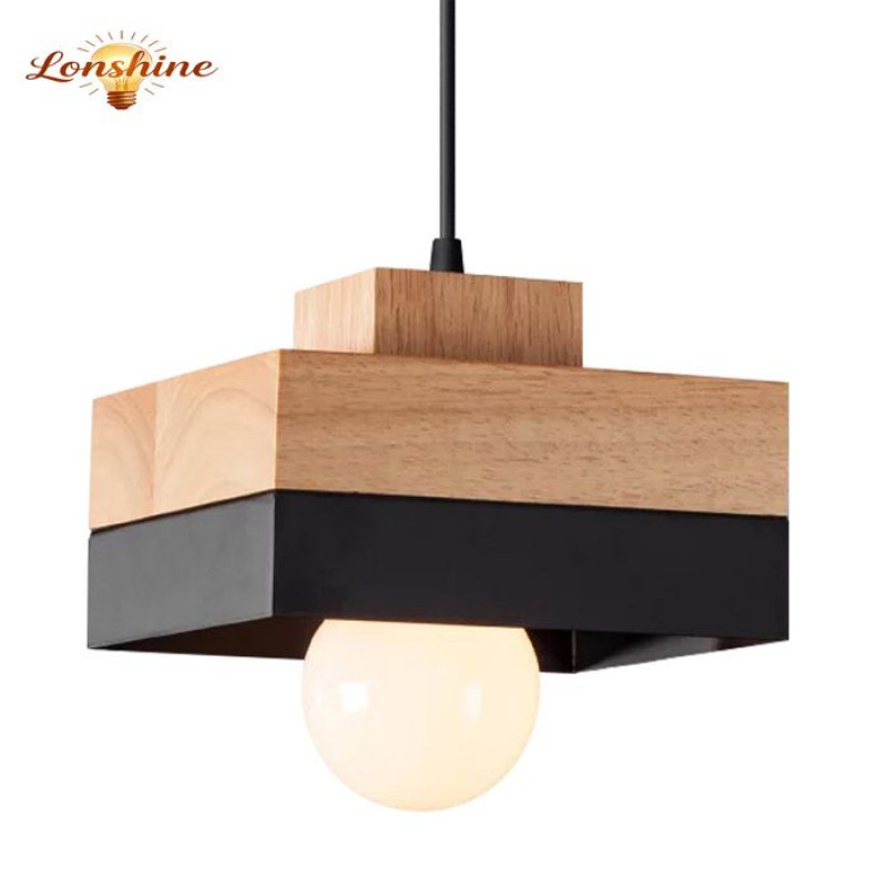 Lonshine Moderne Quadratische Pendelleuchte Mit Holz- Und Schwarzem Metallschirm, E27-glühbirne, Kronleuchter Für Schlafzimmer Oder Wohnzimmer