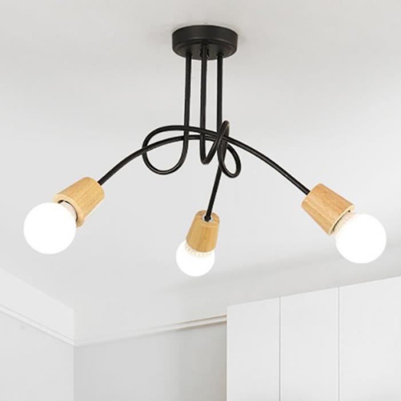 Sno Moderne 3-flammige Deckenleuchte, Vintage-industrie-deckenleuchte Aus Schwarzem Metall Und Holz, E27-fassung Für Wohn-/schlafzimmer