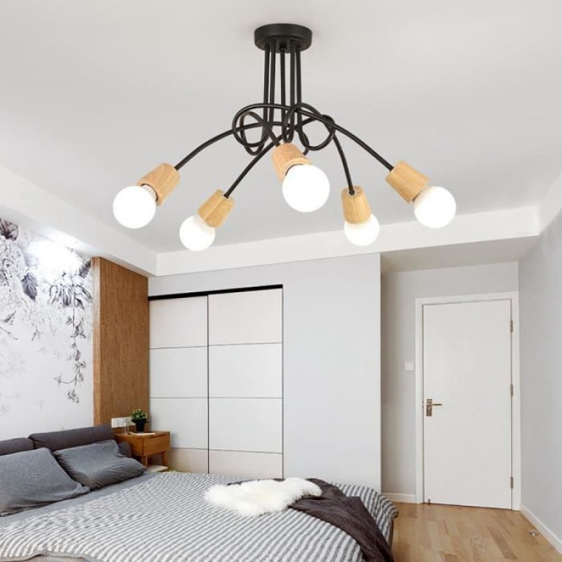 Sno Moderne 5-flammige Deckenleuchte, Vintage-industrie-deckenleuchte Aus Schwarzem Metall Und Holz, E27-fassung Für Wohn-/schlafzimmer