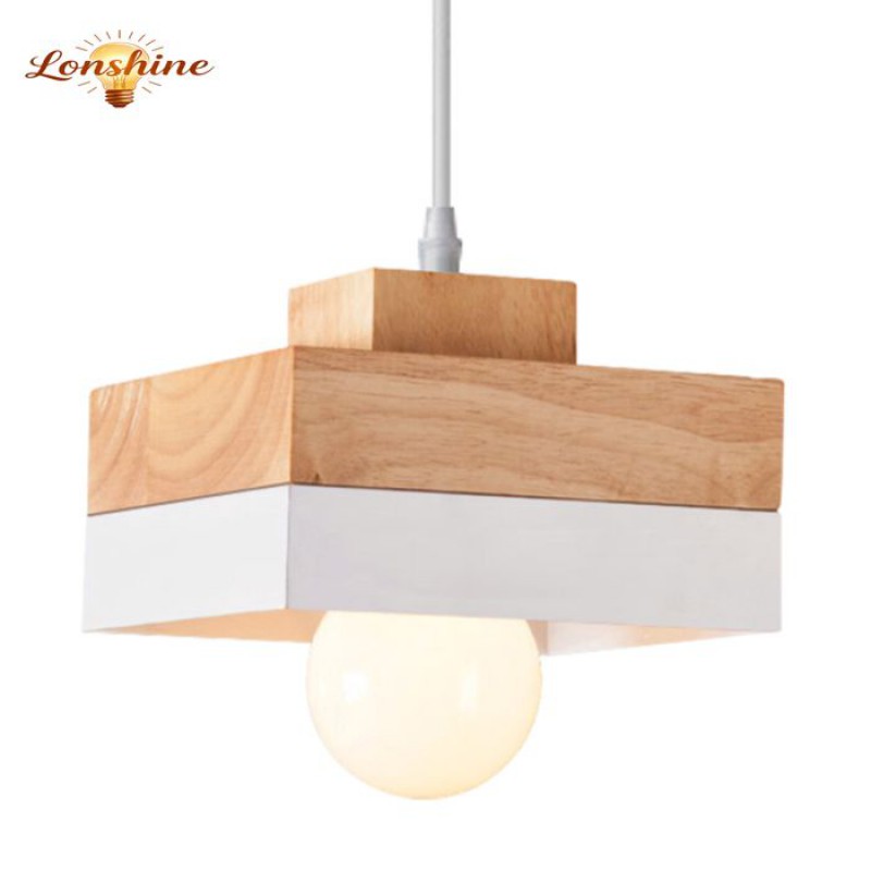 Lonshine Moderne Quadratische Pendelleuchte Mit Weißem Holz- Und Metallschirm, E27-glühbirne, Kronleuchter Für Schlafzimmer Oder Wohnzimmer
